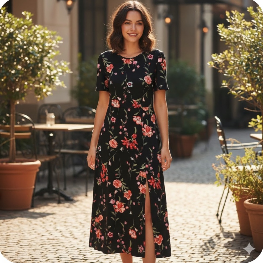 Ripe Black Floral Slit Sundress with Crew Neck